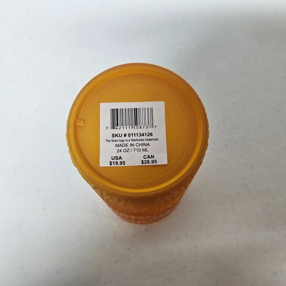 Starbucks Cold Cup Tumbler 24oz Amber‎ Orange Studded Grid 011134126